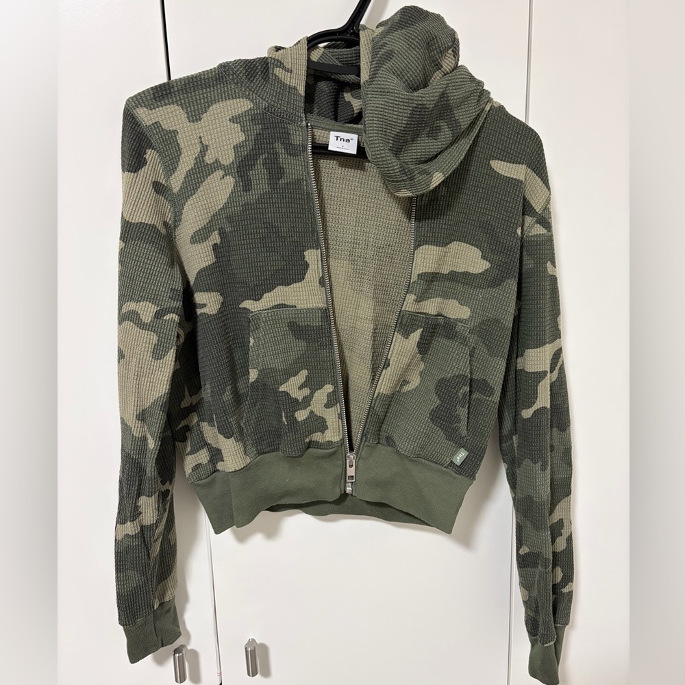TNA Green Camo Waffle-Knit Zip Hoodie